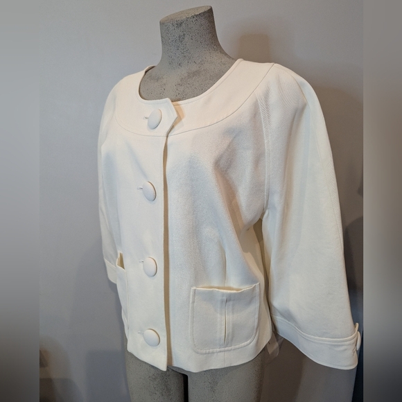 Anne Klein Chic Colllarless Ivory Button-Up Jacket With Bracelet Sleeves Size 16 - Picture 7 of 17